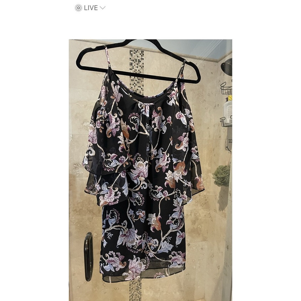 White House Black Market Chiffon Floral Cold Shoulder Dress Black Bell XSP